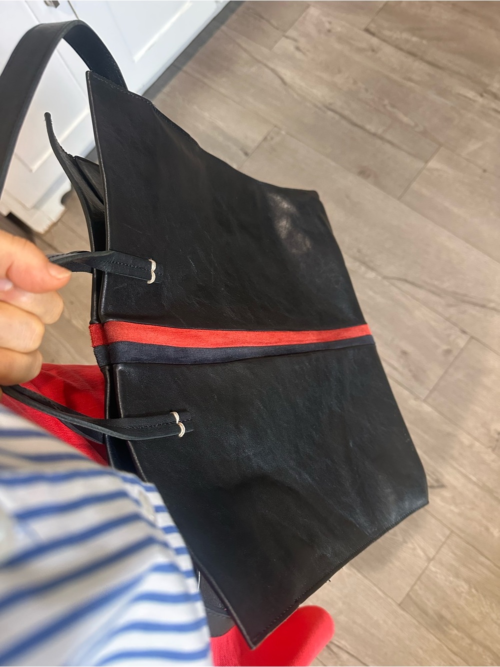 Clare V black leather  Tote with Red and Black Center Stripe